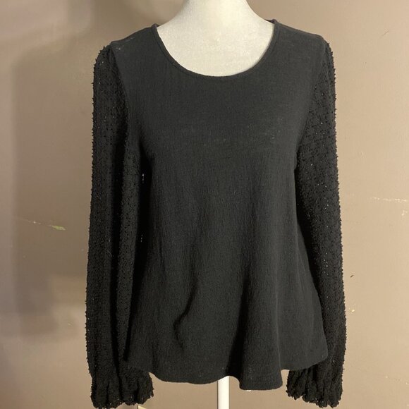 Madewell Tops - Madewell Crewneck Sweater Black Open Knit Sleeves Ruffle Cuffs100% Cotton Wms Sz